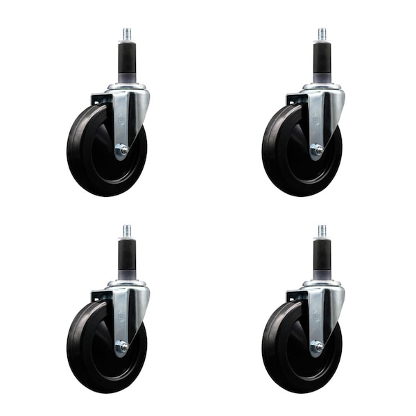 5'' SS Soft Rubber Wheel Swivel 1-1/8'' Expanding Stem Caster Set, 4PK